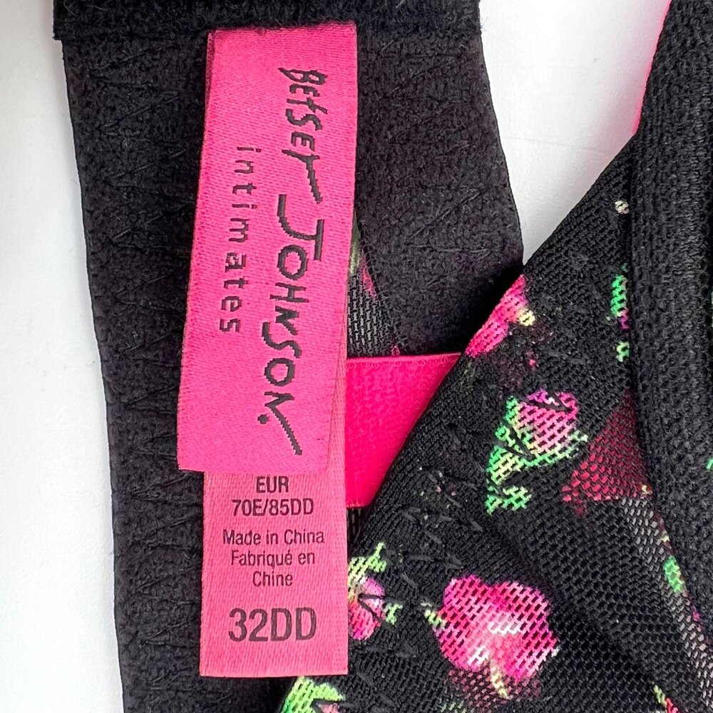 Betsey Johnson Intimates Black Bra Lingerie With Pink Floral Rose Pattern 32DD - Picture 2 of 12